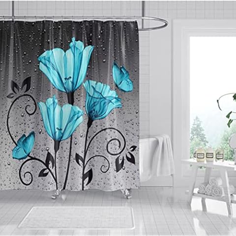 xinbai Gray Rose Shower Curtain Sets with 12 Hooks,Raindrops Bath Curtain,Blue Green Flower Waterproof Fabric Shower Curtains Cover