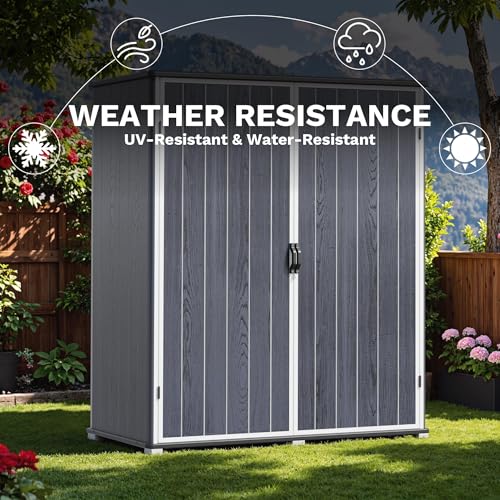 Image of Devoko 5x3 FT Resin Storage Shed with Floor, Small Plastic Vertical Outdoor Cabinet with Lockable Door, Waterproof Tool Garden Shed for Backyard Patio Lawn, Dark Gray