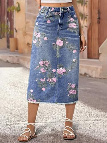 Flamingals Women's High Rise Allover Floral Print Raw Hem Split Back Midi Denim Skirt3