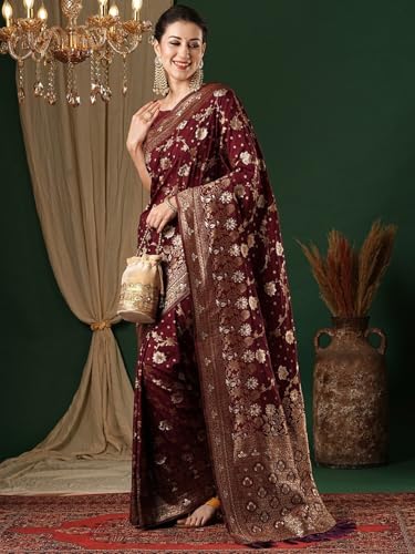 Image of Women's Georgette Kanjeevaram Saree with Woven Ethnic Motif Design, Unstitched Blouse Piece