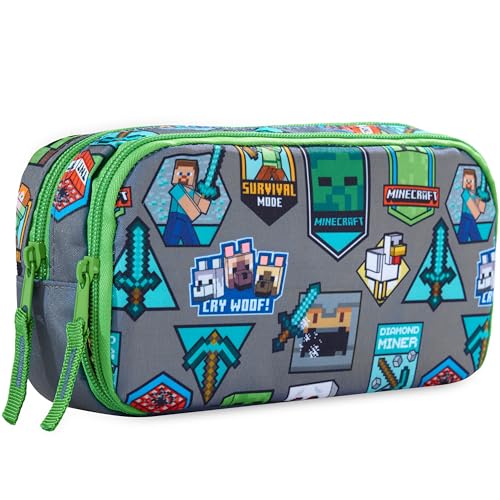 Get Trend Minecraft Trousse Scolaire Garcon avec Compartiments, Sécurisée Fermeture Eclair et Pot a Crayon Boucles Portable Trousse Ecole (Verte/Multi...