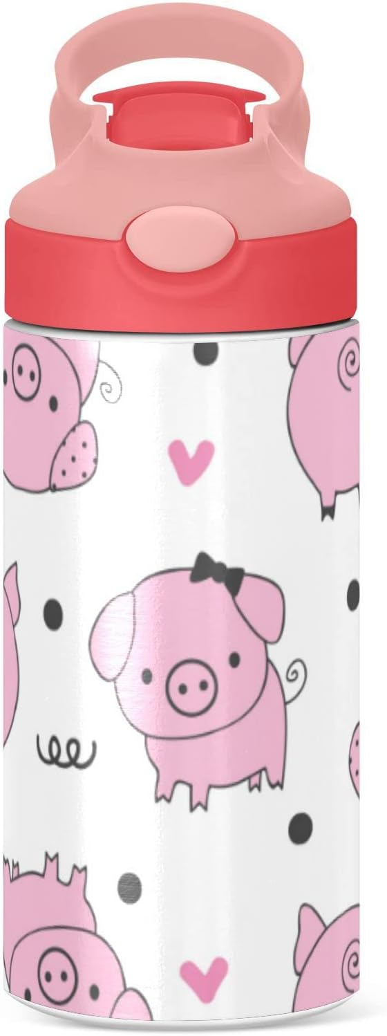 Kigai Cute Pig Kids Water Bottle, Vacuum Insulated Stainless Steel Water Bottle, Double Walled Leakproof Tumbler Travel Cup for Girls Boys Toddlers, 12 oz - Image 2