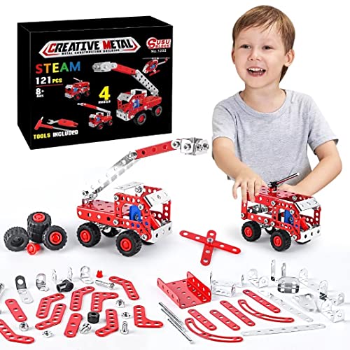 Ferthor Fun Stem Building Toys For Boys Age 8-12,Erector Set Fire Trucks Series Model Kit,Assembly Toys For Kids，Metal Building Educational Toys Set Gifts For Model 4 In 1 Fire Fighting Cars(121Pcs) #TOP2