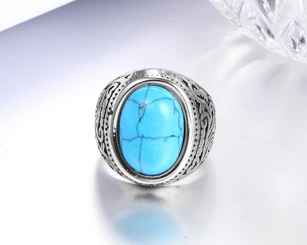 Turquoise Ring for Men,Men Silver Stainless Steel with Blue Turquoise, Vintage - Inspired Design, Gothic Jewelry Sizes 8-12 - Image 3