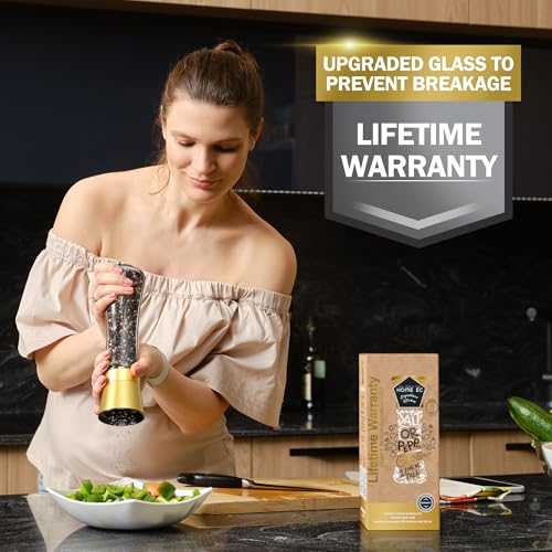 Image of HOME EC Original Stainless Steel Salt or Pepper Grinder 1pk - Adjustable Ceramic Sea Salt Grinder or Pepper Mill - Tall Glass Spice Shaker - Spice Mill w /Ebook (Gold)