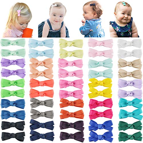 DeD 50PCS 2" Tiny Baby Girls Hair Bow Solid Color Grosgrain Ribbon Baby Bows Alligator Clips for Girls Infants Toddlers Kids Set of 25 Pairs