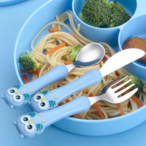 Image of Hian Kids Feeding Spoons Set with Carry Case - 304 Stainless Steel Spoon, Fork & Knife, Bird Design Handle, Easy to Carry for Lunch Box, Travel, Picnic - Blue Color, Pack of 3