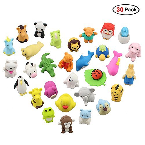 Easter Day Gifts, 30 Pack Premium Novelty Animal Erasers Collectible Set of Adorable Japanese Style, Amazing Variety with No Duplicates, Best Puzzle Toys for Kids Party (Animal Erasers 30 Pack)