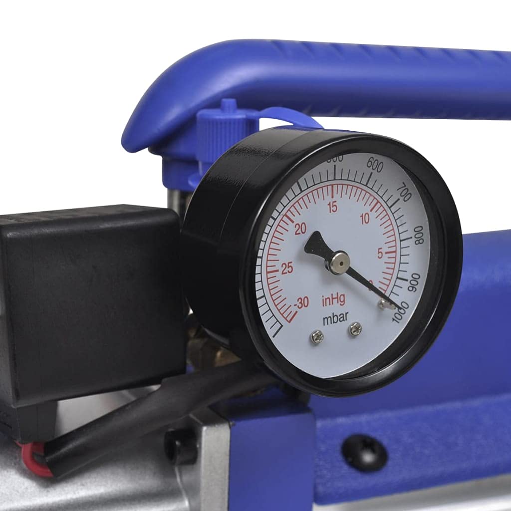 Vakuumpumpe Einstufig Mit 4-Wege-Verteiler-Manometer Set | Aluminiumgehäuse, Ölschauglas, farbcodierte Anzeigen, Stoßschutz, Stahlhaken, für Kälteanlagen