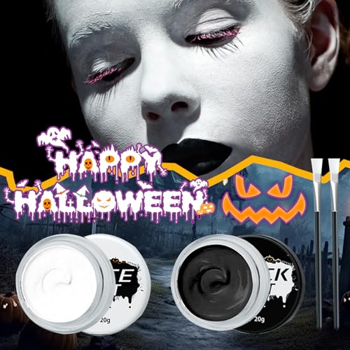 Black White Face Body Paint Set,Professional Oil Based Face Painting Kit with 2 Brushes,Halloween Face Paint SFX Makeup Palette Kit for Skull Costume Party Skeleton Cosplay Clown Art Theater - Image 8