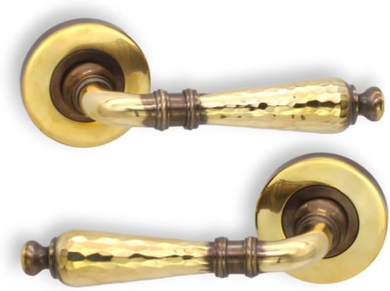 Infinity Decor Pair of Aged Brass Hammered Lever on Rose Latch Door Handles Set - Ideal for Internal & Exterior Doors