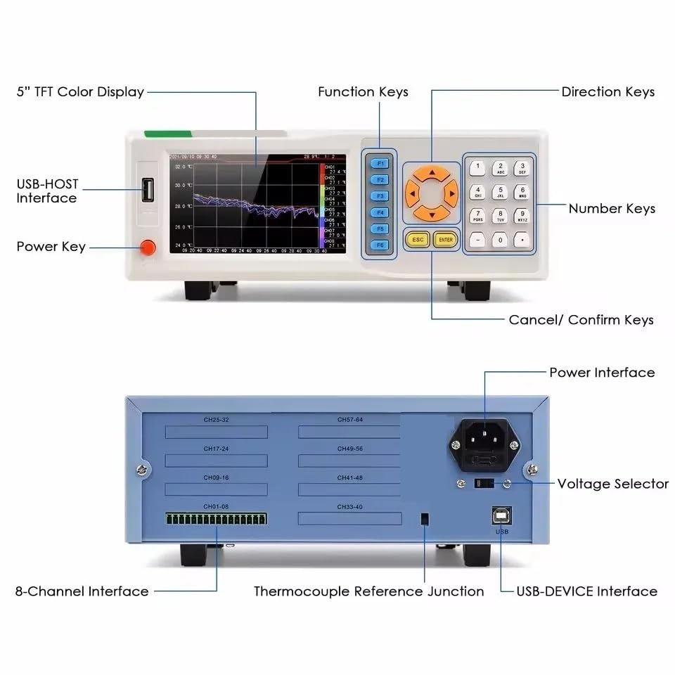 Registrador de datos de temperatura de termopar de 8 canales, prueba multicanal con pantalla TFT de 5" for uso industrial y de laboratorio(16Channel)