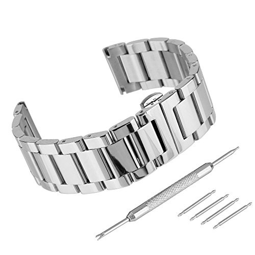 Beauty7 18mm Silber Edelstahl Uhrenarmband Uhrenarmbänder mit Faltschließe Metall Uhr Armband mit 4 STK Federstege und Federstift Cover