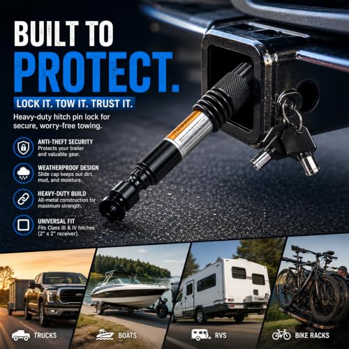 Image of 2 inch Trailer Hitch Pin Lock - 5 /8 inch Locking Receiver Hitch Pins for Class III IV Hitches | Weatherproof Anti-Theft Lockable Pin with Dust, Mud & Gunk Protection | Tow Truck, Boat, Bike