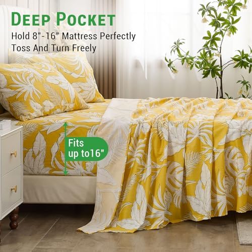 Gogreen 100% Cotton Sheet Set Queen Size, Yellow Floral, 4PC Set, Breathable Bed Sheet for Hot Sleeper and Night Sweats, Deep Pocket Up to 16 Inches - 2
