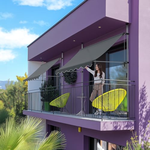 Klemmmarkise,Balkonmarkise Ohne Bohren,Markise,UV-Beständig,Höhenverstellbar,Einfache Installation,Wasserdicht,Sonnenschutz Markise mit Handkurbel,Sonnenmarkise für Balkon Terrasse Garten,200x120CM