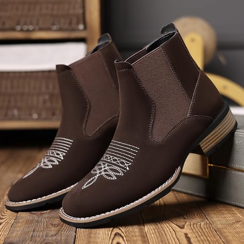 Cowboy Boots for Men Square Toe Ankle Boots Western Chelsea Casual Dress Slip on Men Shoes4