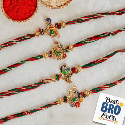 Image of eCraftIndia Set of 4 Multicolor Designer Peacock Rakhis, Best Bro Ever Fridge Magnet with Roli Chawal Pack - Rakhi for Brother, Bhaiya, Bhai