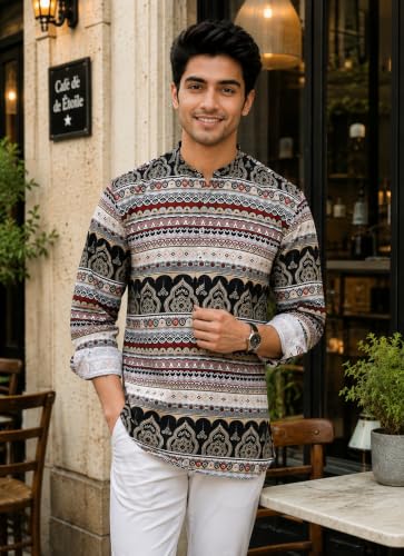 Image of Majestic Man Men's Cotton Regular Fit Short Printed Designer Kurta
