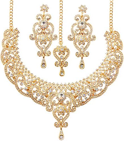 Touchstone Indian Bollywood Choice Rich Traditional Exclusive Floral Workmanship Sparkling Rhinestone Designer Jewelry Grand Modern Bridal Necklace Set With Mangtika In Gold Tone For Women.