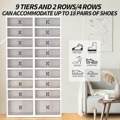 Image of GCCSJ 9 Tiers 36 Pairs Foldable Shoe Rack Organizer, Plastic Collapsible Shoe Shelf, Folding Shoe Box Storage Cabinet with Magnetic Clear Door Easy Assembly