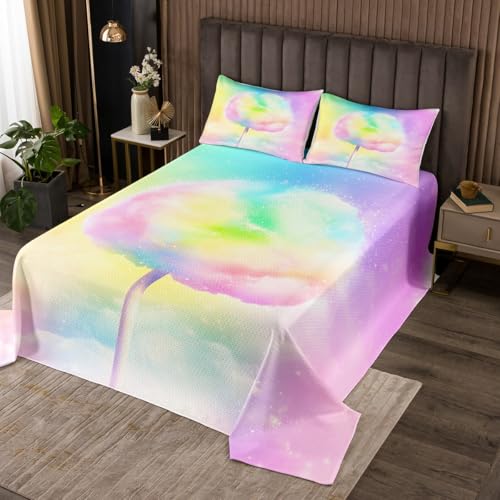 Erosebridal Colorful Ice Cream Quilt Set Dreamy Rainbow Bedspread Set for Girls Boys Teens Tie Dye Quilted Coverlet Twin,Cartoon Style Bed Cover