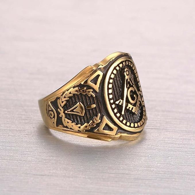 Mason Zone™ Gold Color Freemason Ring - stainless steel with classic center design, pin stripes, etched tool symbols (Masonic Rings)