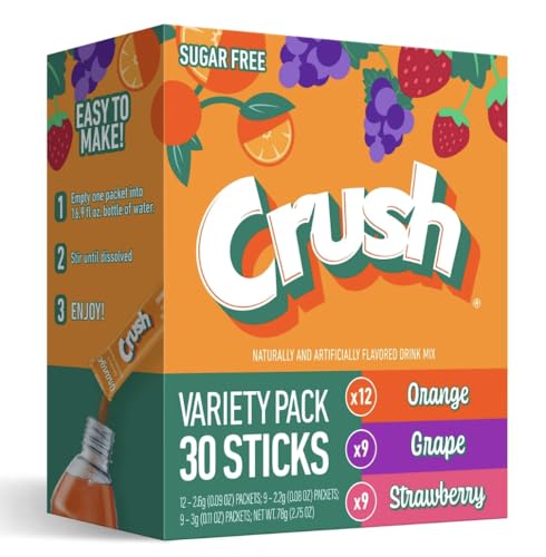 Crush Singles Berry Punch. Grape, Orange to Go Sugar Free Drink Mix Variety Pack 2.64 oz 30 Sticks (1 Unit)