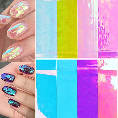 8 Sheets Aurora Nail Foils Transfer Stickers Nail Art Supplies Gradient Film Broken Glass Nail Foil Transfers Decals Mirror Aurora Starry Sky Paper For Women Girls Nail Art Decoration #TOP4