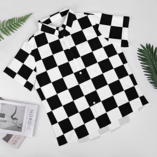 Black White Race Checkered Flag Pattern Men's Short Sleeve Casual Loose Button Down Shirt Hawaiian Beach Shirt3