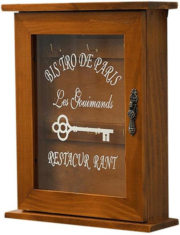 Veemoon Wooden Wall Mount Key Holder, Rustic Hanging Key Box Farmhouse Organizer Cabinet with 6 Hooks Entryway Hanger for Home Office Indoor Outdoor (Brown)