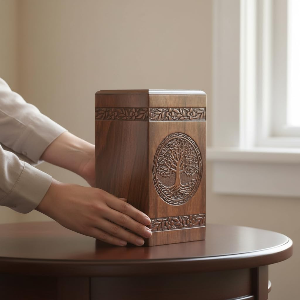 Rosewood Urn for Human Ashes - Tree of Life Wooden Box - Personalized Cremation Urn for Ashes Handcrafted Large Wooden Urn Box (L(11.25X6.25”) 250CU), Rosewood Natural Colour (MOO03)