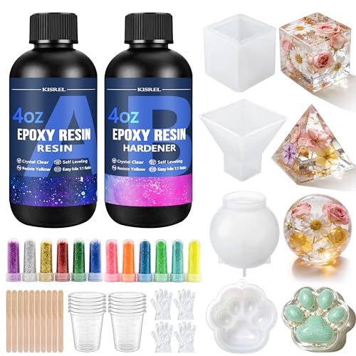 KISREL Epoxy Resin Kit for Beginners Resin Kit with Molds 8OZ Epoxy Kit with 12-Color Glitter Measuring Cups and Resins Supplies for Casting Coating Keychains DIY Craft Decorations