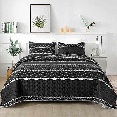 Andency Black Quilt Set King (106x96 Inch), 3 Pieces(1 Striped Triangle Printed Quilt and 2 Pillowcases), Bohemian Summer Lightweight Reversible Microfiber Bedspread Coverlet Sets