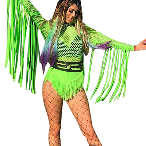 ANKOMINA body feminino sexy arrastão borla manga comprida macacão festa festival dança clube, Neon G