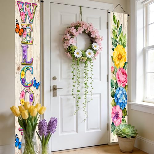 Image of Nuxovilar Welcome Floral Butterfly Door Banner Polyester 70x12 In