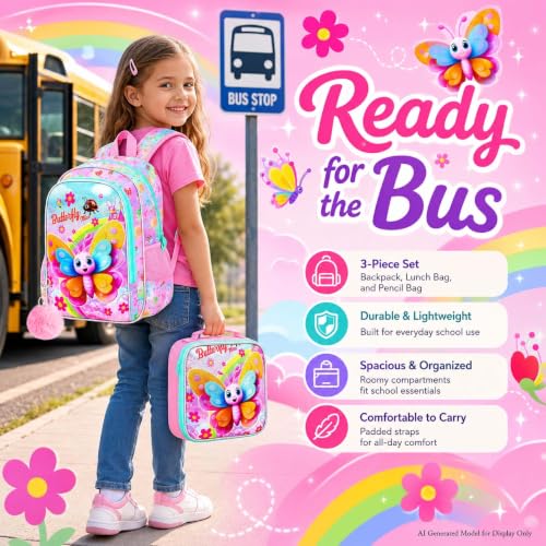 Image of AGSDON 3PCS Girls Butterfly Backpack, 16 inch Kids Backpacks and Lunch Bag Set for Girls, Water Resistant Elementary Bookbag for Toddler
