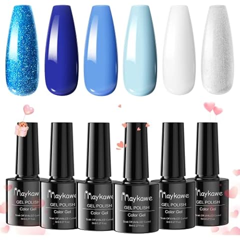 Maykawe UV Nagellack Blau, 6 Farben 8ml Tiefsee Navy Blau Babyblau Glitzer Dunkelblaues Hellblau Weiß Schimmer Silber Shellac Cover