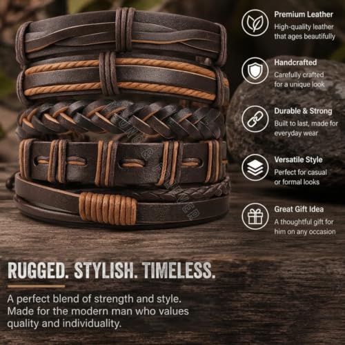 Image of Young & Forever Multi-Pack Men's Leather Bracelet Set - Braided Rope, Vintage Bead, Gothic Punk Skull, & Boho Wrapped Multi-Layer Cuff Wristbands, Adjustable Jewelry Pack