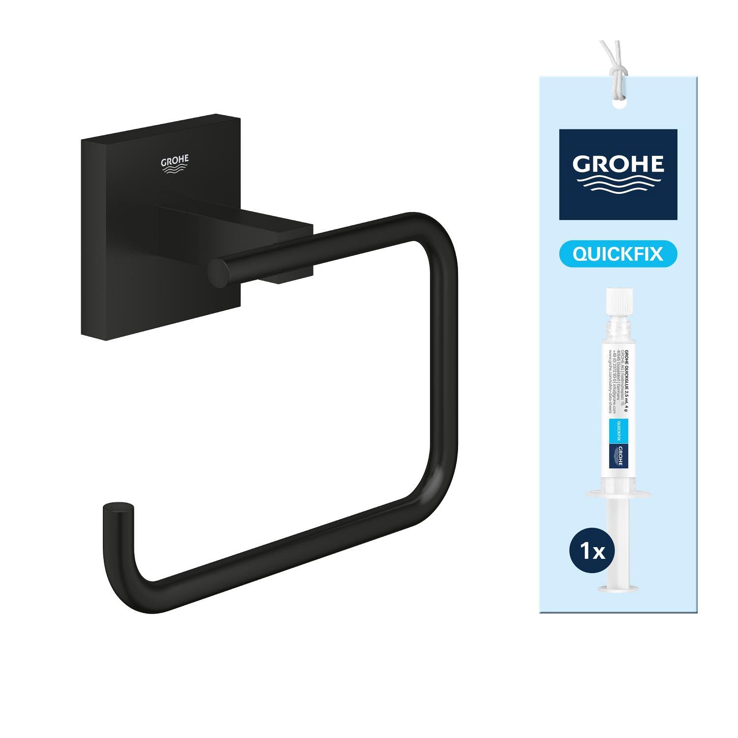 GROHE Lote Accesorio Start Cube QuickFix - Portarrollos sin Tapa + A1 QuickGlue (Metal, Montaje en Pared, Fijación Oculta, con Tornillos y Tacos), Tamaño 138 mm, Negro Mate, 409782430