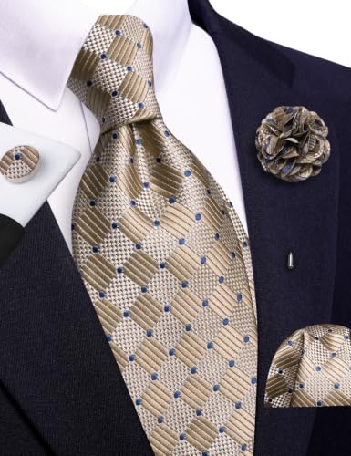Image of Barry.Wang Plaid Ties Checkered Mens Silk Necktie Handkerchief Cufflinks