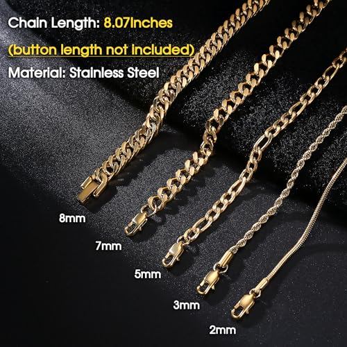 Fansilver 5 Pcs Stainless Steel Mens Bracelet Gold Silver Cuban Link Rope Figaro Cuban Chain Bracelets for Men Women 7.48/8.07/8.26 inches3