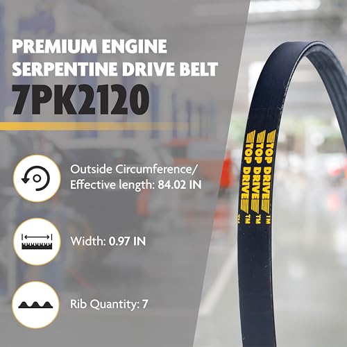 Image of Top Drive, 7PK2120, Premium Engine EPDM Serpentine Belt, 84.02 inch Length | 7-Rib, Automotive Replacement Serpentine Belt, Equivalent References K070834 and 5070835