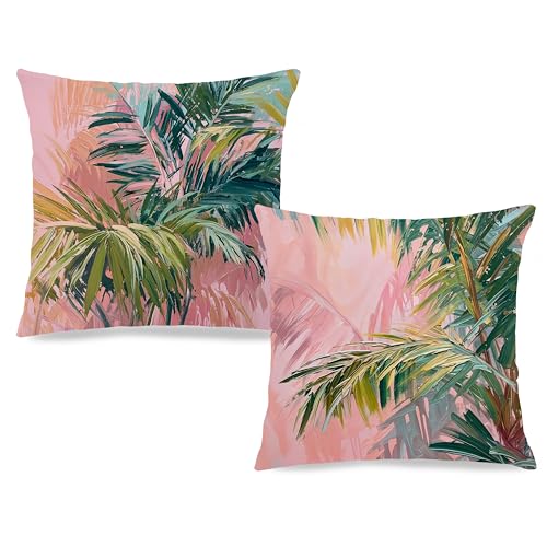 Image of Summer Pink and Green Tropical Palm Leaf Decorative Throw Pillow Cover Decor 18x18,Palm Leaf Botanical Decorative Lumber Beach Plant Throw Pillow Cover for Cabin Couch Double-Sided Set of 2