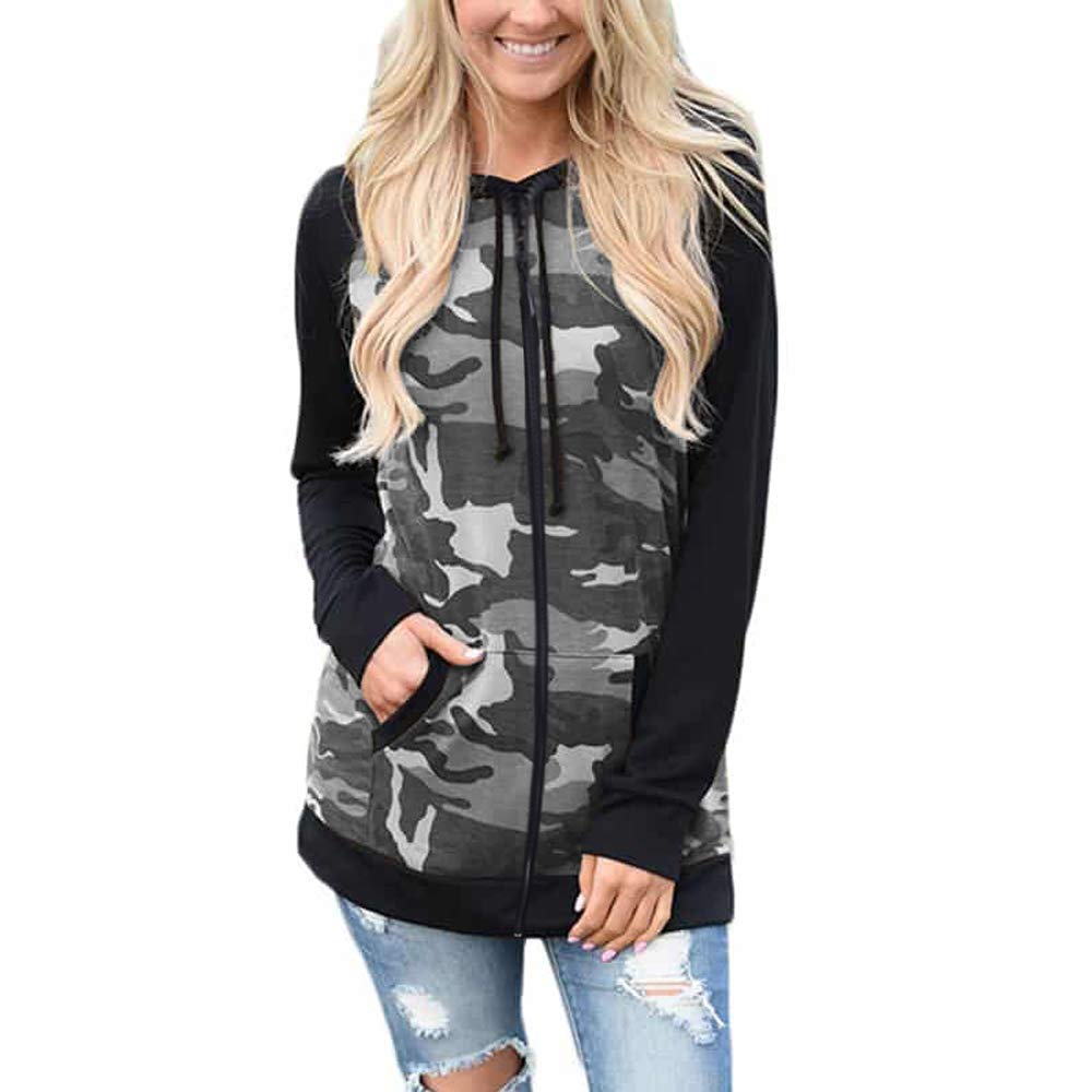 Womens Camo Hoodie Long Sleeve Hooded Zip Camouflage Sweatshirt Casual Top (XL, Grey)
