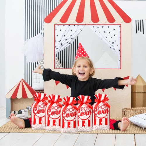 Image of 50 Pcs Popcorn Plastic Bags Circus Carnival Party Goodie Bags Bulk Movie Night Popcorn Container for Carnival Movie Night Theater Halloween Party Supplies (Red)
