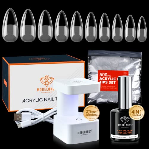 Modelones Capsule Americaine Oongle, 500Pcs Faux Ongles, 4 In1 Colle Faux Ongles,Lampe Uv Ongles Gel, Ongle Gel Kit Complet, Gummy Base Pose Americaine, Kit Ongle, Capsule Americaine Ongle Amande