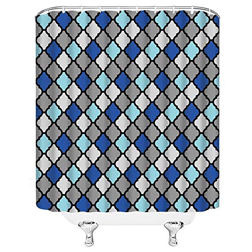 Quatrefoil Shower Curtain Geometric Pattern Blue Grey Vintage Farmhouse Moroccan Tile Pattern Heavy Textured Modern Art Decor Fabric Bath Curtain 70X70 Inch With Hook #TOP1