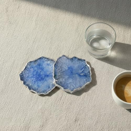 Image of Natural Agate Stone Silver Plated Tea Coasters Set | Premium Stone Coasters for Tea, Coffee & Glass | Heat Resistant Coasters for Dining Table, Office Desk & Home Decor | Pack of 2 | Color -Blue