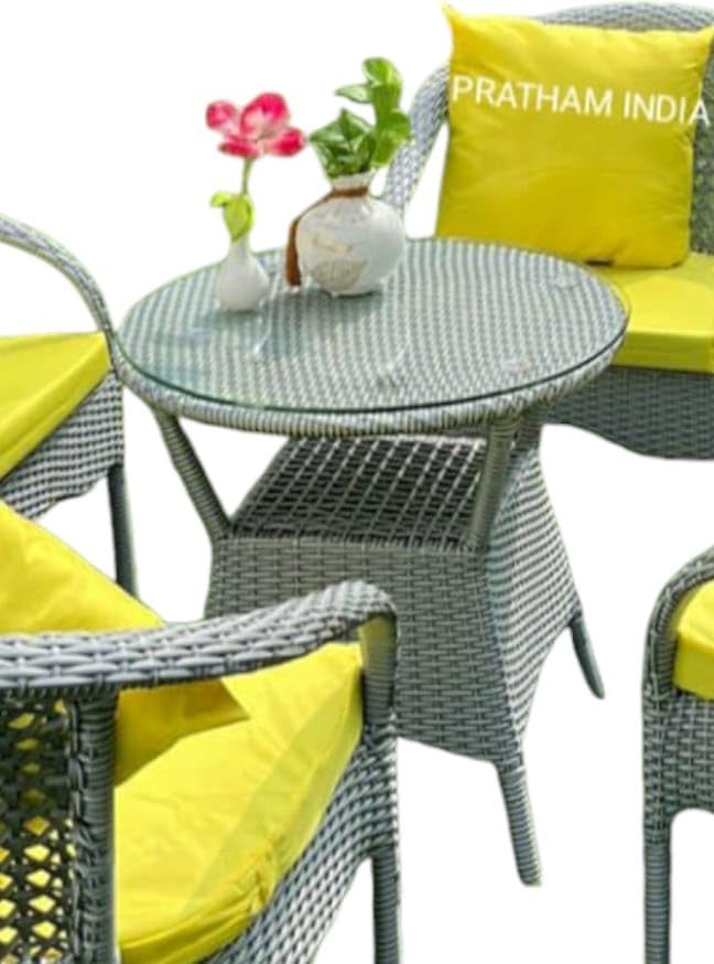 Image of PRATHAM India Patio 4+1 Furniture Set Bistro Set Porch Backyard Garden Outdoor Furniture Rattan Chairs and Table Wicker Conversation Set (Silver with White Line & Yellow Color)